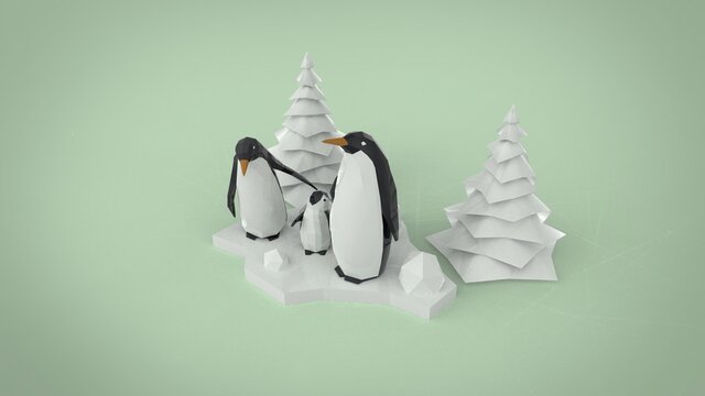 Low poly penguin family with christmas tree 3d render illustration on light soft blue background