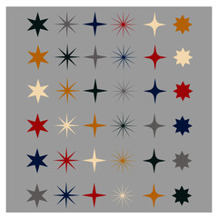 Obraz premium Set with lines of different colored christmas stars on grey background, holiday decoration, vectro graphic illustration, design for background, banner, postcard, poster