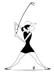 Young golfer woman plays golf illustration. Young golfer woman tries to do a good kick black on white
