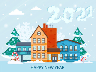Happy New year, christmas holiday greeting card, poster, template, advertising. Urban landscape at snowy winter season. Cartoon flat vector illustration