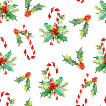 Christmas seamless watercolor pattern. Tasty set of Christmas sweets. Watercolor illustration of candy cane and holly branches and berries. Watercolor christmas traditional pattern for wrapping paper