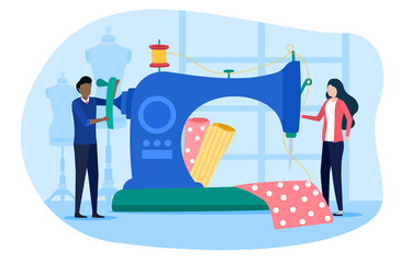 Sewing factory concept. Tiny diverse man and woman dressmakers, seamstress working on sewing machine in atelier or fabric. Cartoon flat vector illustration isolated on white background