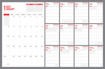 Vector illustration of planner calendar template for 2021, Sunday week start