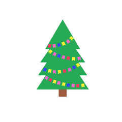 A simple Christmas tree as a symbol of a happy New year, a merry celebration of the Christmas holiday. Light jewelry sparkles. Bright shiny vector design illustration. Flat style