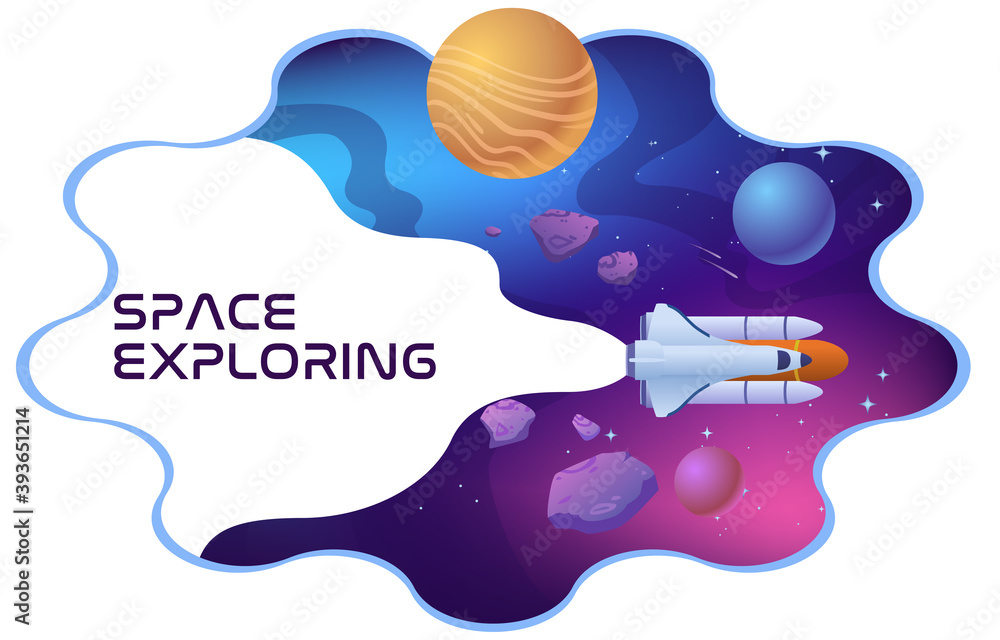 Poster concept of space exploring. shuttle rocket flying in space with planets and asteroids. astronomy sci