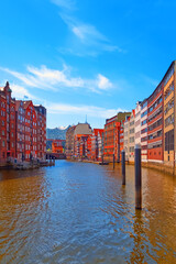 Beautiful view of famous Hamburg Speicherstadt warehouse district on a sunny day in summer, Hamburg, Germany - 393651614