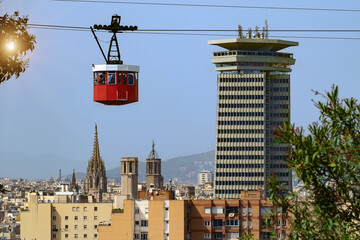 Red cable cabin over Barcelona city, Spain