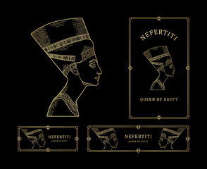 Nefertiti Queen of Egypt Line Art Gold color with Gold Frame set - obrazy, fototapety, plakaty