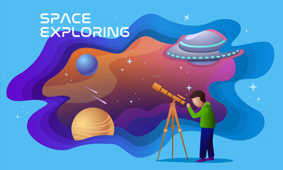 Naklejka premium Concept of space exploring. Astronomer with telescope exploring night sky with planets, stars and UFO. Astronomy science. Cartoon flat vector illustration