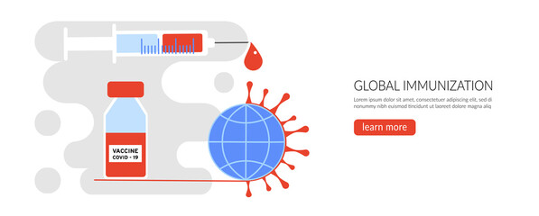 Global immunization, Vaccination concept. Landing page template, banner, icon. Modern immunization concept for web design with syringe, vaccine, bottle, antibodies and virus. Flat vector illustration