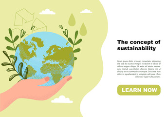 Concept of ecological sustainability, environmental protection, eco recycling. Slide or landing page layout, website or web page template, poster, banner with text. Flat vector illustration