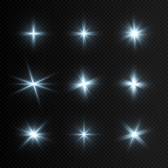 Vector set of blue lights. Blue light, flash, glow png. Blue stars. Set of blue flares.
