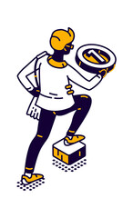 Isometric icon of man with round medal for first place, competition winner,