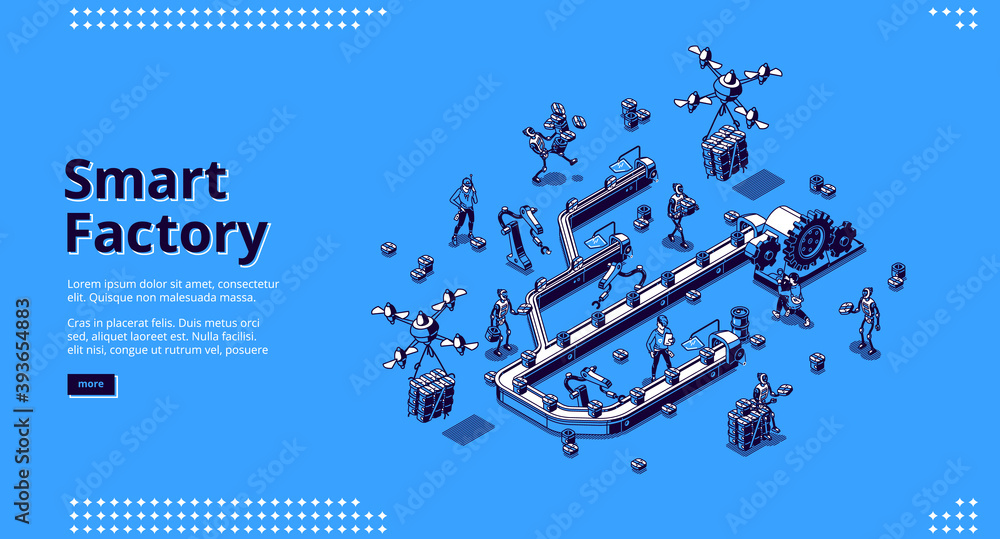 Poster smart factory isometric landing page, conveyor belt workflow. people and robots hands work on assemb