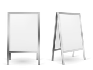 Pavement sign, blank sidewalk advertising stand isolated on white background. Vector realistic mockup of white sandwich board with metal frame, outdoor banner for menu, ad or announcement