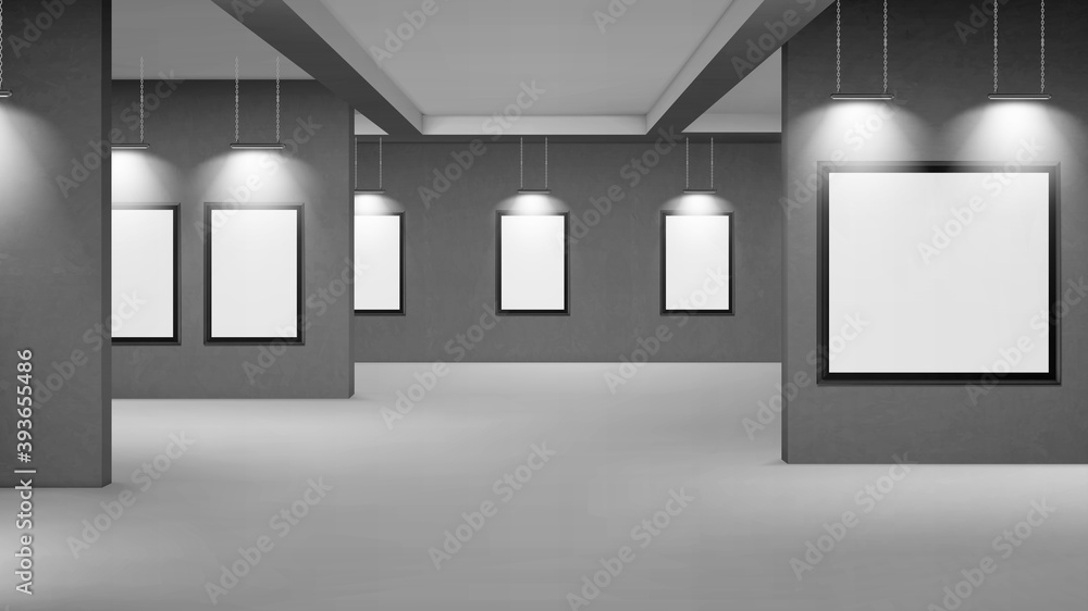 Poster empty gallery with blank picture frames illuminated by spotlights. vector realistic interior of muse