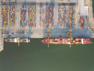 Aerial view of Industrial shipping port in Greece Thessaloniki. View from drone.