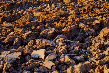 land of the field, recently moved by a tractor. Sunset reflections on earth, magic hour.