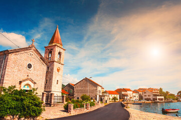 Old architecture in Tivat, Montenegro. Kotor bay, Adriatic sea. Famous travel destination.