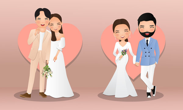 Set of characters cute bride and groom.Wedding invitations card.Vector illustration in couple cartoon in love