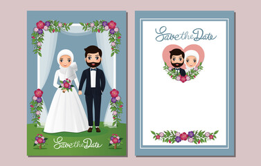  Wedding invitation card the bride and groom cute couple cartoon under the archway decorated with flowers 