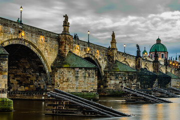 An autumn morning at the Charles Bridge in the historic center of Prague. 