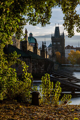 An autumn morning at the Charles Bridge in the historic center of Prague. 