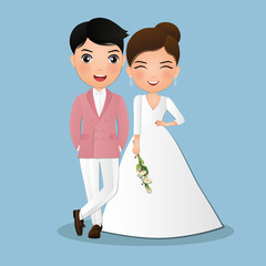 Obraz na płótnie Canvas Wedding invitation card the bride and groom cute couple cartoon character.Colorful vector illustration for event celebration 