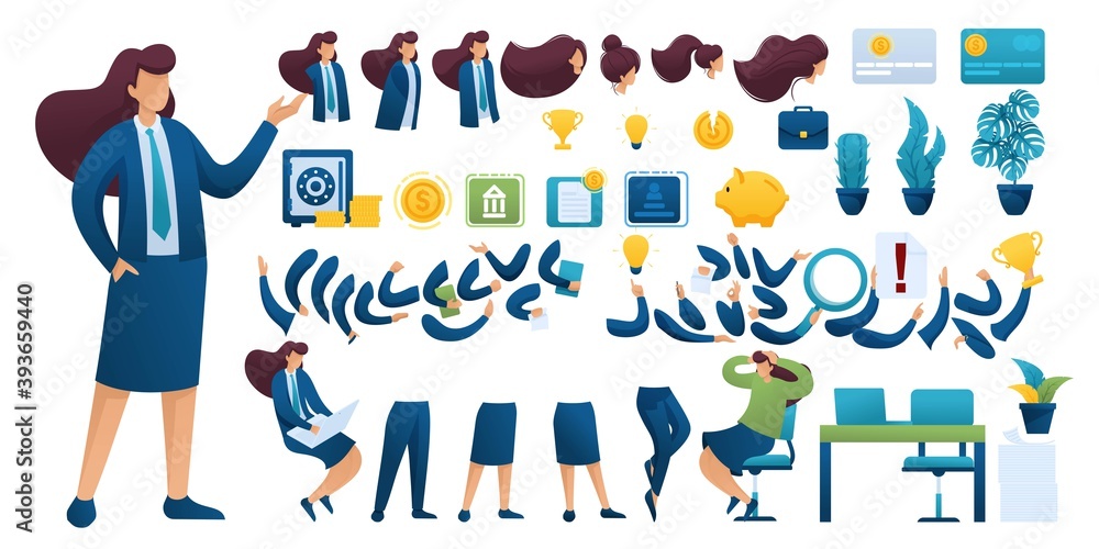 Poster constructor for creating a businesswoman. create your own businesswoman character with a set of hand