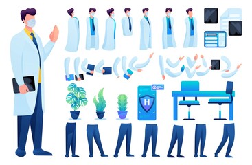 Fototapeta premium Constructor for creating a doctor N 1. Create your own doctor character with a Set of hands and feet. Flat 2D vector illustration