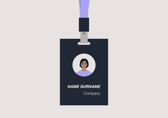ID badge template, conference accessories, modern corporate culture, a portrait of a young female character