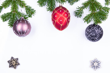 Christmas decorations, fir tree branches on white solid background, isolated.