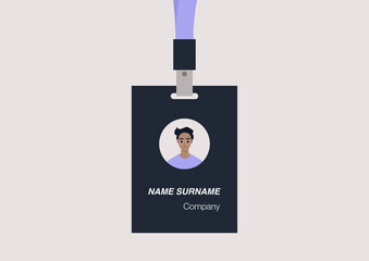 ID badge template, conference accessories, modern corporate culture, a portrait of a young male character