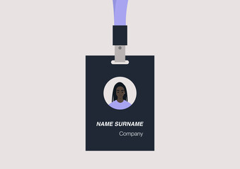 ID badge template, conference accessories, modern corporate culture, a portrait of a young female Black character