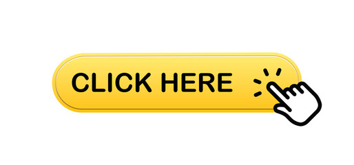 Click here button with hand clicking icon. 3d shiny style vector.
