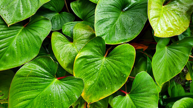 Heart shaped green leaves of Homalomena plant growing in wild, tropical leaf nature pattern on dark background. with water drop effect after rain