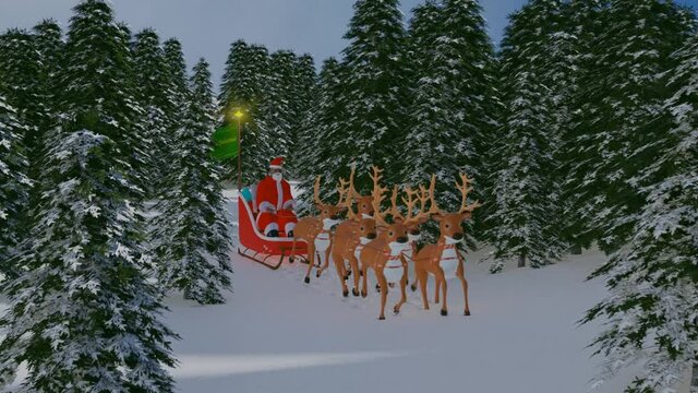 Der Weihnachtsmann gleitet im Rentierschlitten durch den Winterwald