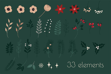 Winter Floral Botanical Set, Winter Flowers, Branches and Leaves, Christmas Botanicals