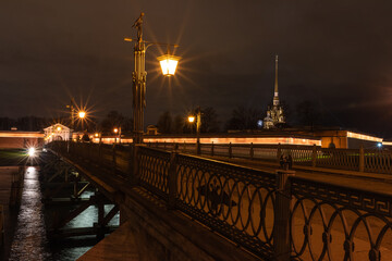 This is the Ioannovsky bridge that leads to the Peter and Paul fortress. The fortress is located on Zayachy island in Saint Petersburg. this Russia.
