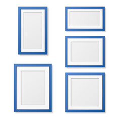 Vector 3D Reaistic Wooden or Plastic Simple Modern Minimalistic Blue Picture Frame Set Isolated on White Background. Design Template for Mockup, Presentations, Art Projects and Photos