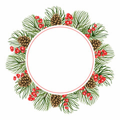Round Holiday Frame, Wreath of watercolor Christmas Tree Branches, Pine Cone, Holly Berries. Winter template with copy space. Hand drawn element isolated for design poster, greeting card, invitation