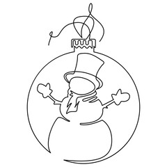 Christmas decoration ball with snowman pattern, continuous line. Vector illustration, isolated on white background.