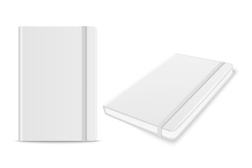 Vector 3d Realistic White Closed Blank Paper Notebook with Bookmark Set Isolated on White Background. Design Template of Copybook with Elastic Band for Mockup, Advertise, Logo Print. Front, Top View