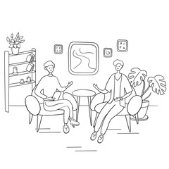 Interview show. Interviewer asks young man questions. Two men sit on chairs and talk. Hand drawn vector illustration in cartoon style