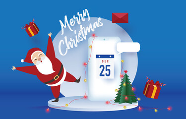 Christmas concept, Santa claus on abstract background with phone, gift, snow, star, Christmas tree, design for web banner, poster, Christmas invitation card and new year festival.