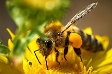 bee, insect, flower, macro, nature, honey, yellow, pollen, fly, animal, summer, bumblebee, garden, spring, close-up, green, close-up, wild pollination, flowers, nectar, bees, dandelion, bug, white , m