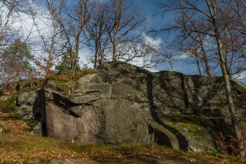 View point over Hejnice town in Jizerske mountains in sunny autumn day