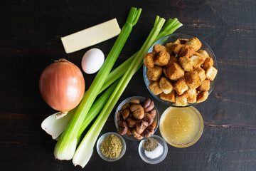 Old Fashioned Chestnut Dressing Ingredients: Croutons, chestnuts, vegetables, and other ingredients to make a traditional Christmas side dish