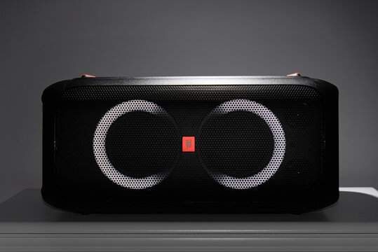 Uzhgorod, Ukraine - November 19, 2020: JBL Partybox 310 - new portable speaker from JBL. JBL Partybox 310 - Portable party speaker with dazzling lights and powerful JBL Pro Sound.