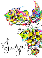 Fish.Pencil graphics. Colorful illustration. For interior decoration, textiles, printing and text
